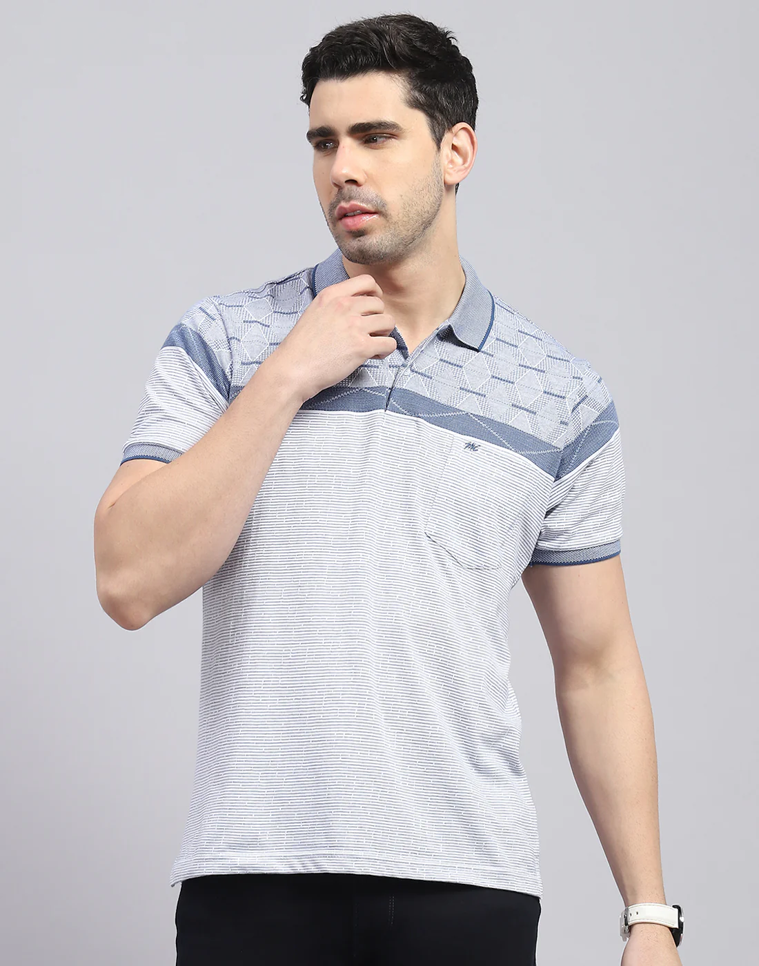 Men Blue Stripe Polo Collar Half Sleeve T-Shirt - Image 3
