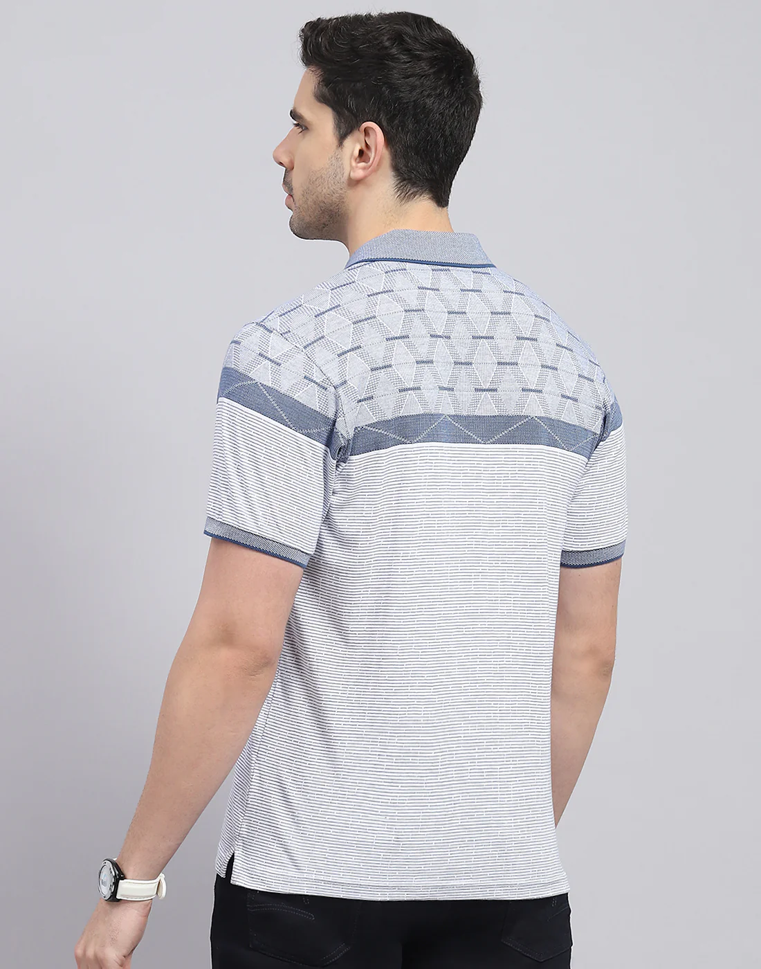 Men Blue Stripe Polo Collar Half Sleeve T-Shirt - Image 6