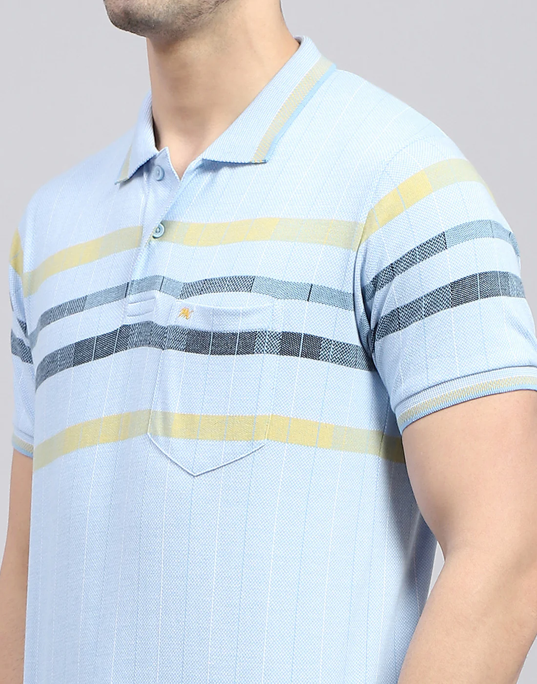 Men Blue Stripe Polo Collar Half Sleeve T-Shirt - Image 6