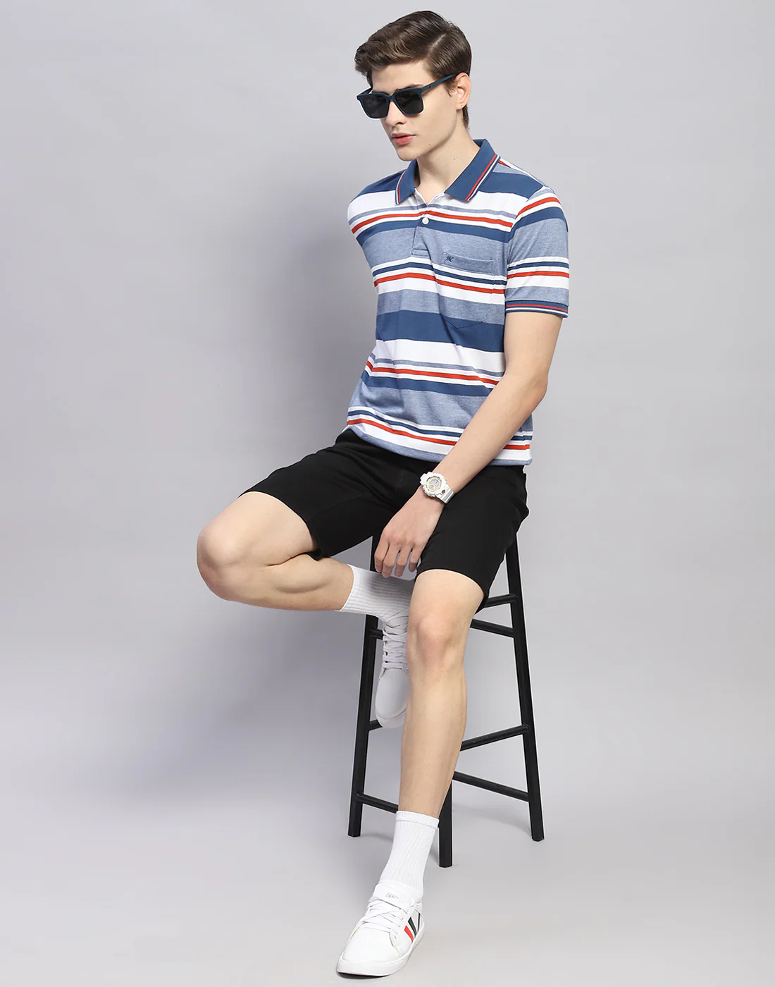 Men Blue Stripe Polo Collar Half Sleeve T-Shirt - Image 2