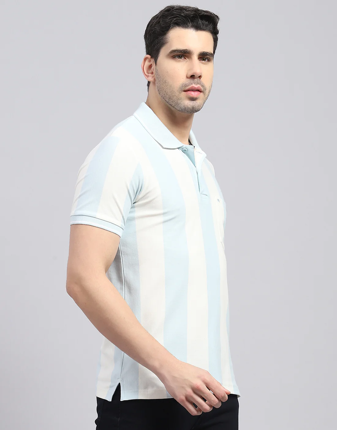 Men Blue Stripe Polo Collar Half Sleeve T-Shirt - Image 4