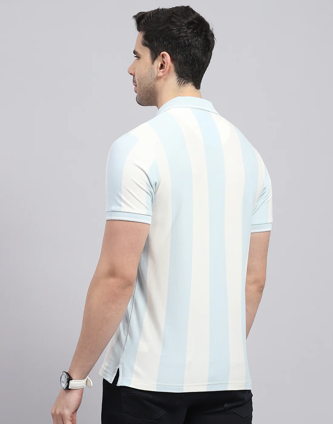 Men Blue Stripe Polo Collar Half Sleeve T-Shirt - Image 5