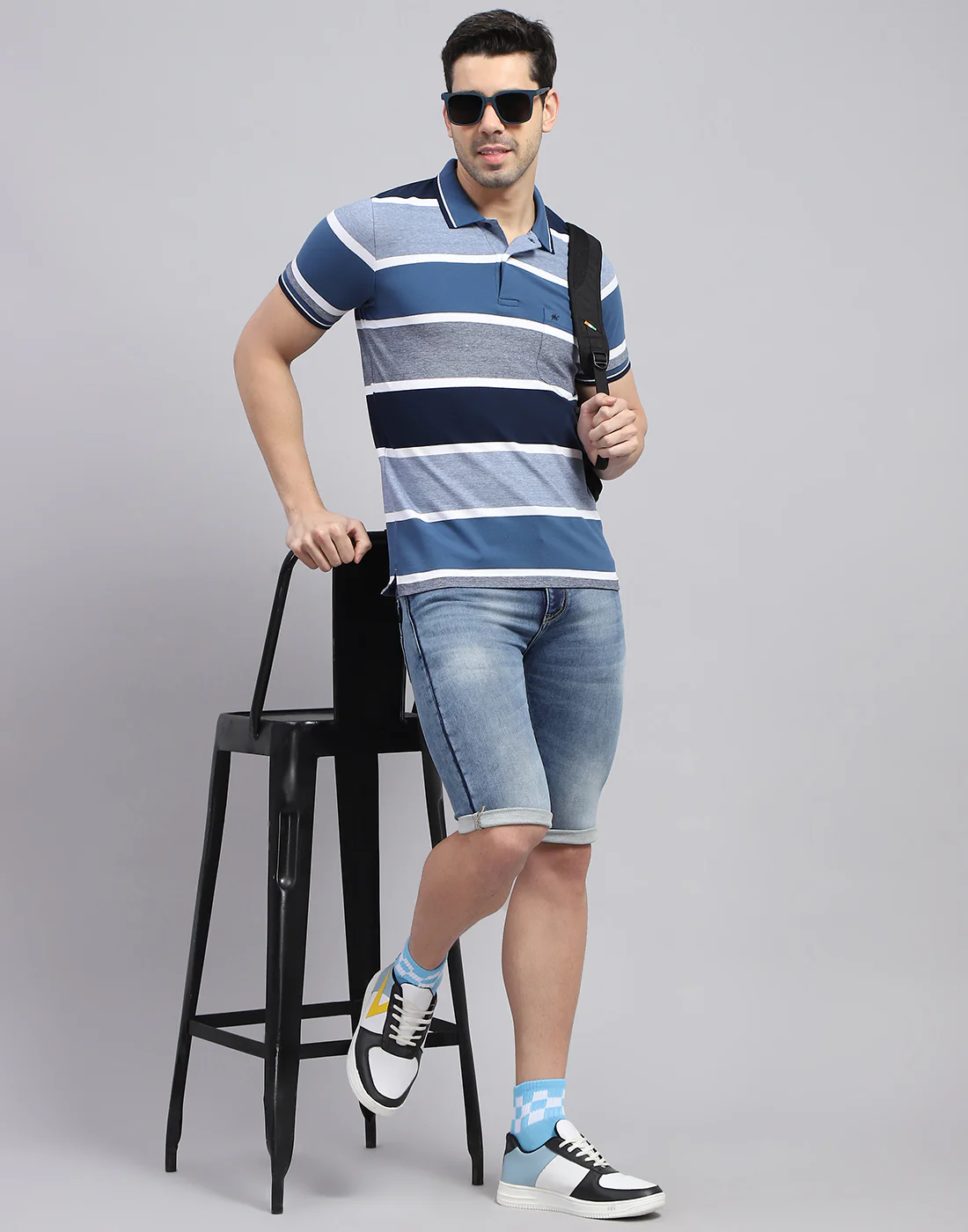 Men Blue Stripe Polo Collar Half Sleeve T-Shirt - Image 2