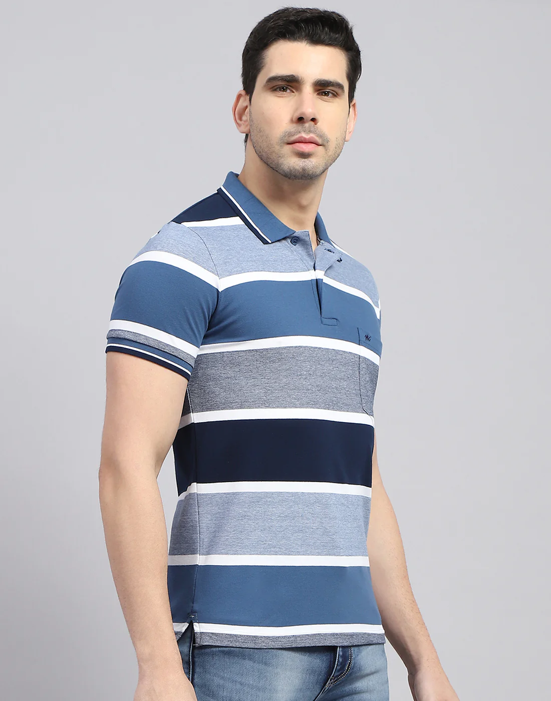Men Blue Stripe Polo Collar Half Sleeve T-Shirt - Image 4
