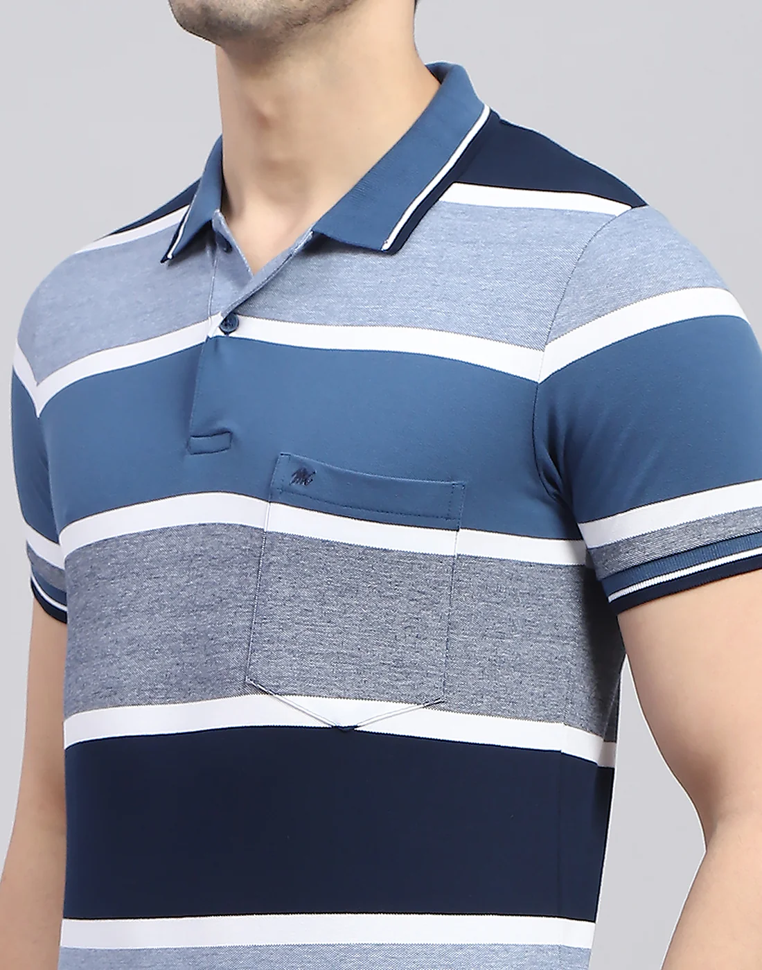 Men Blue Stripe Polo Collar Half Sleeve T-Shirt - Image 6
