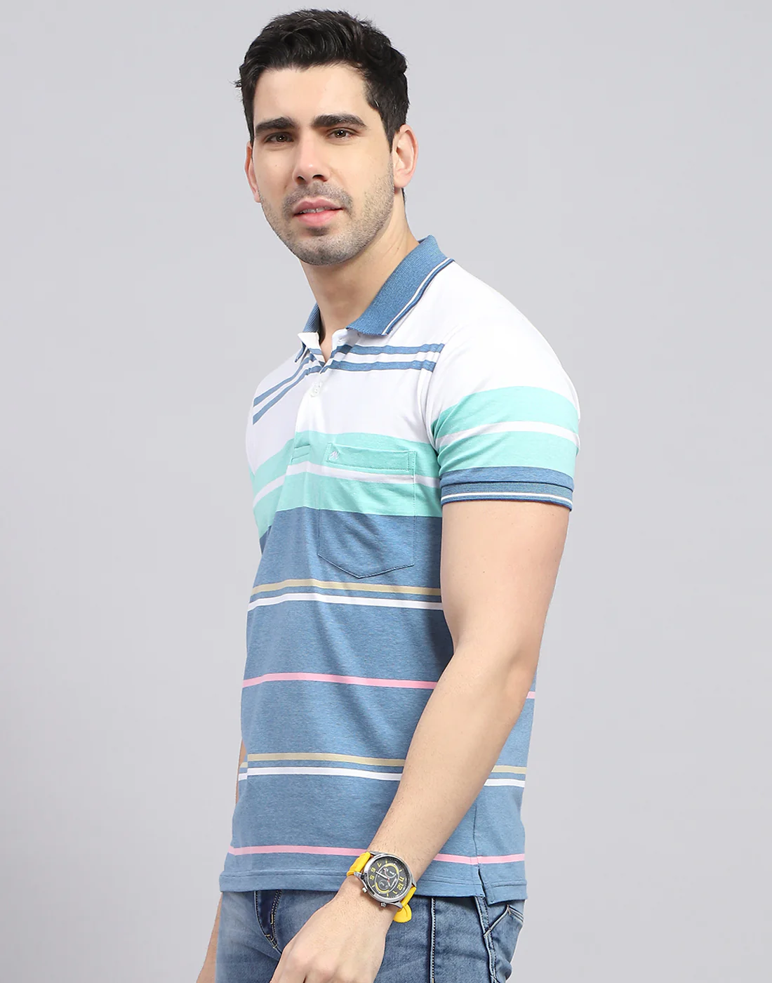 Men Blue Stripe Polo Collar Half Sleeve T-Shirt - Image 3