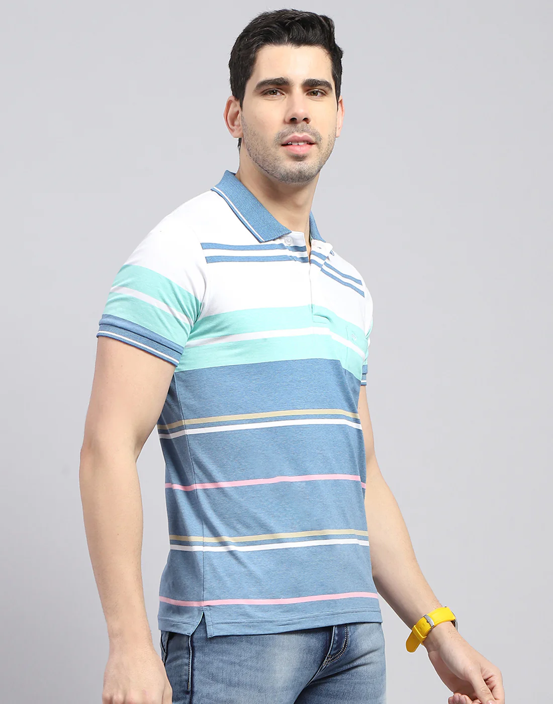 Men Blue Stripe Polo Collar Half Sleeve T-Shirt - Image 4
