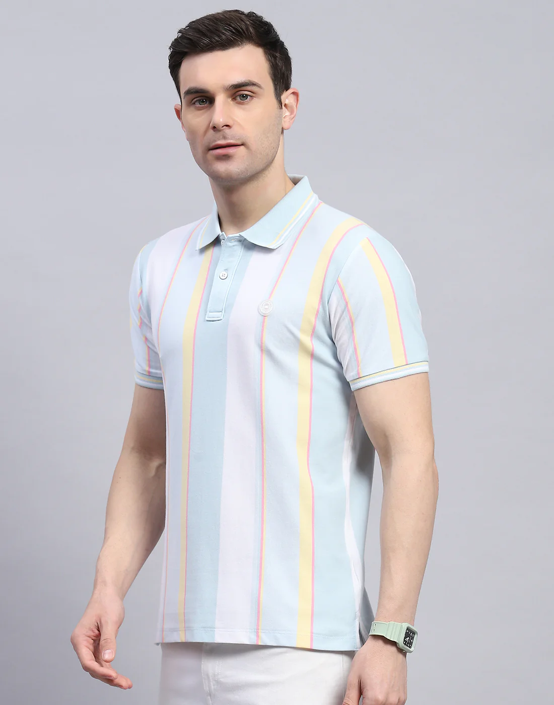 Men Blue Stripe Polo Collar Half Sleeve T-Shirt - Image 3