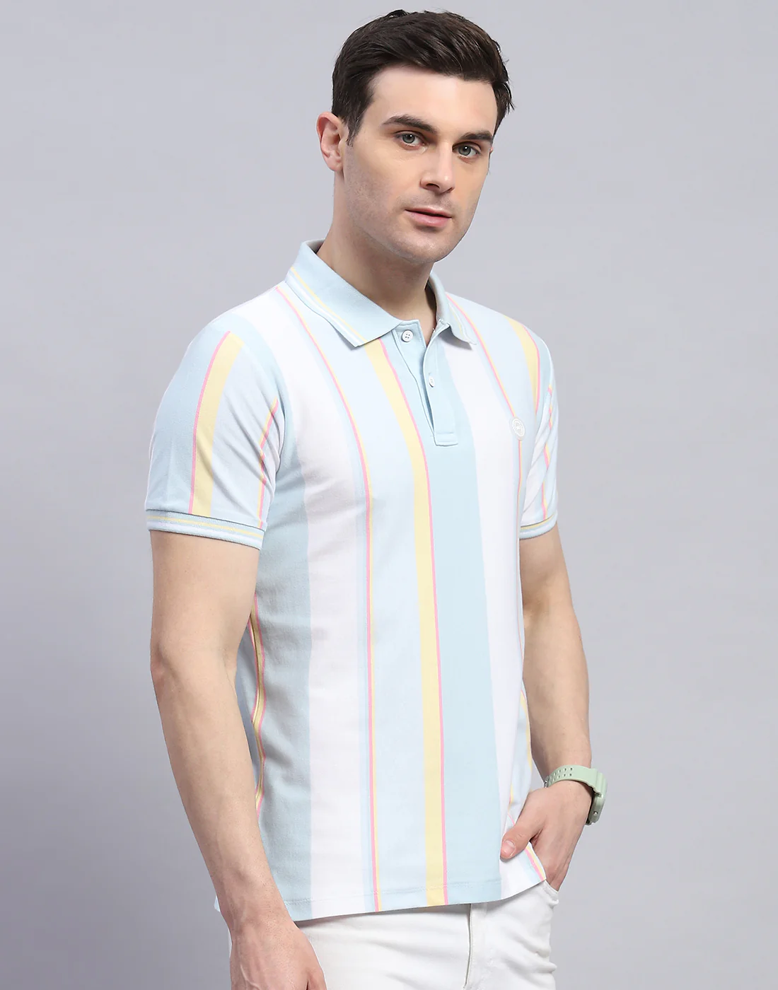 Men Blue Stripe Polo Collar Half Sleeve T-Shirt - Image 4
