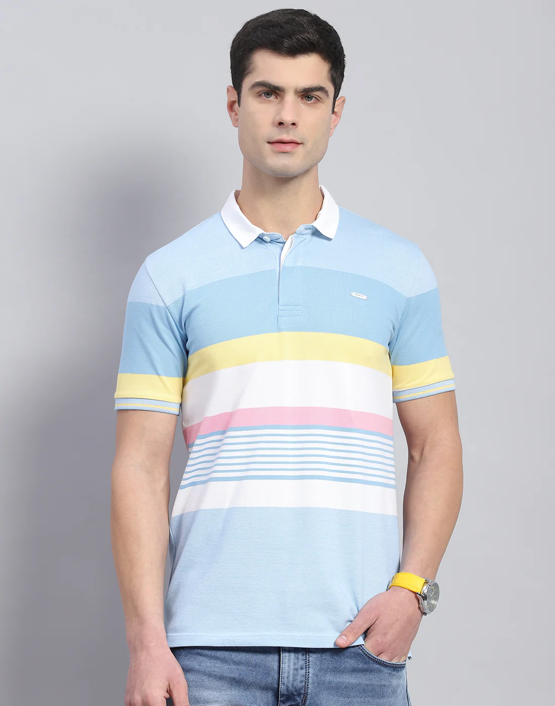 Men Blue Stripe Polo Collar Half Sleeve T-Shirt - Image 3