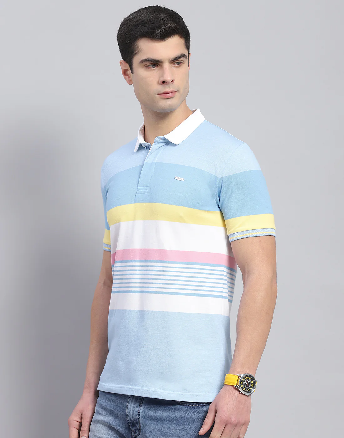 Men Blue Stripe Polo Collar Half Sleeve T-Shirt - Image 4