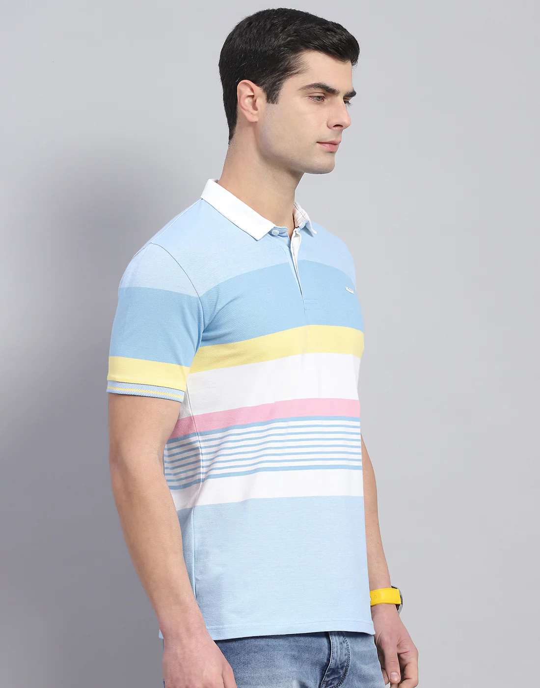Men Blue Stripe Polo Collar Half Sleeve T-Shirt - Image 5