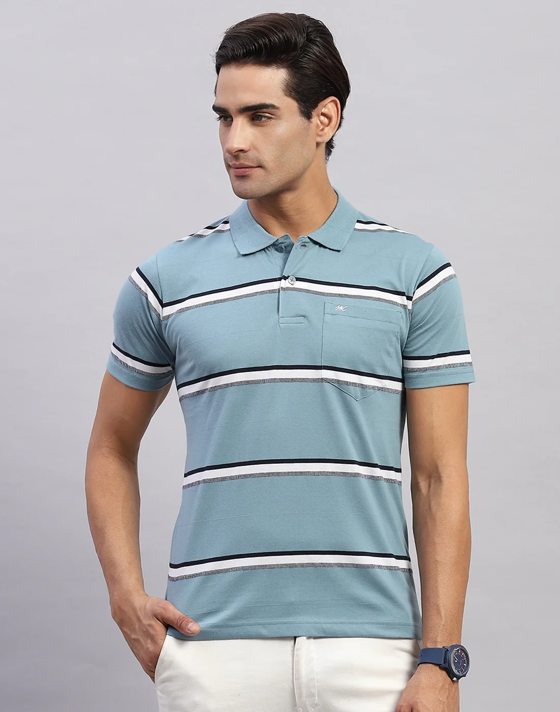 Men Blue Stripe Polo Collar Half Sleeve T-Shirt - Image 2