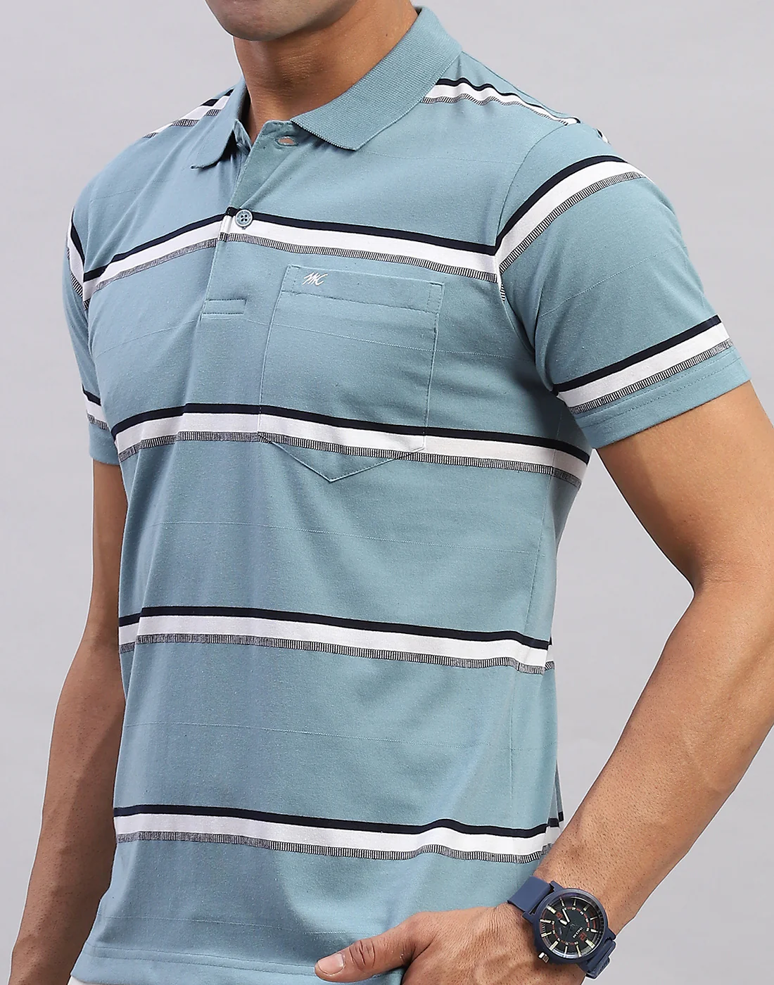 Men Blue Stripe Polo Collar Half Sleeve T-Shirt - Image 6