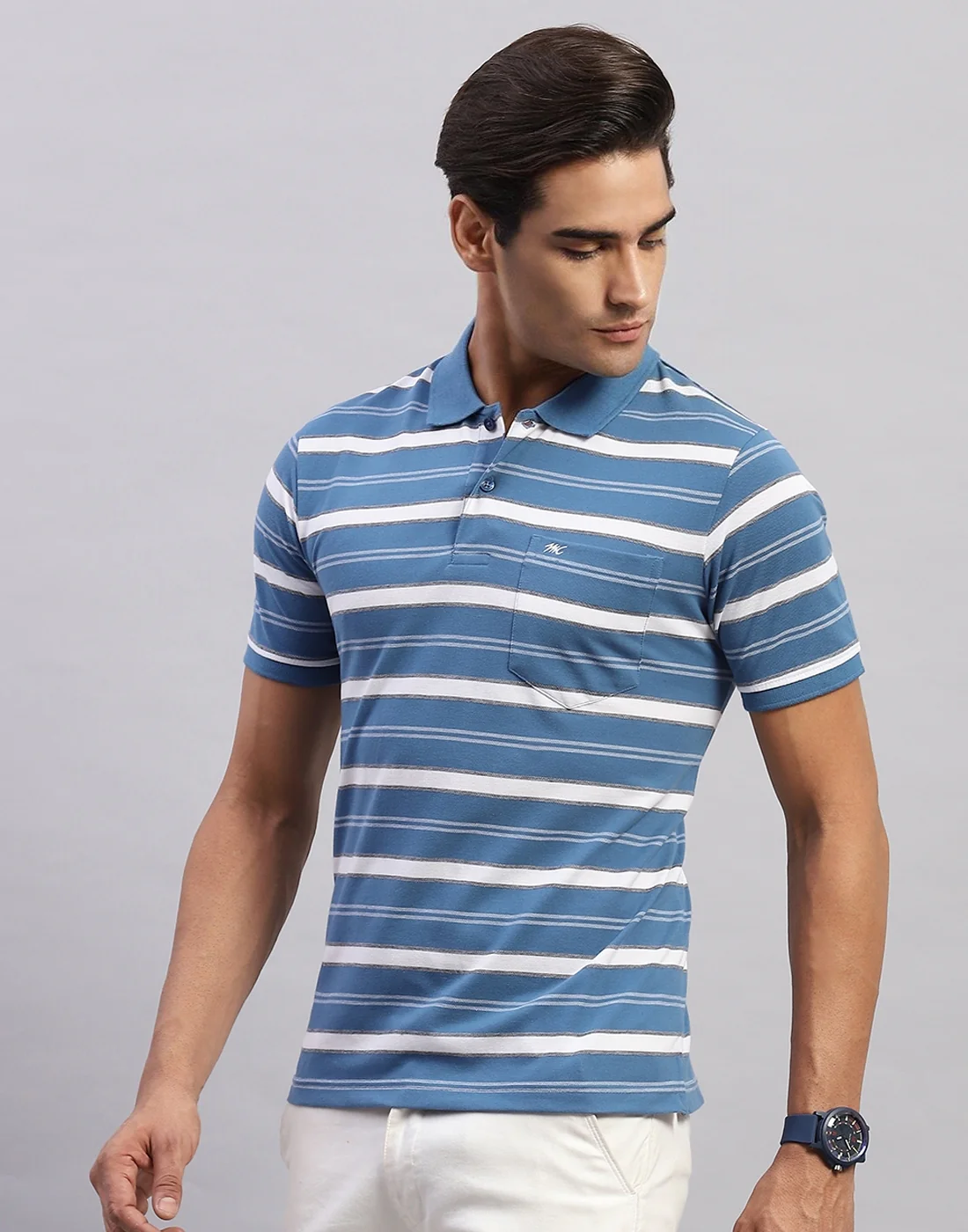 Men Blue Stripe Polo Collar Half Sleeve T-Shirt - Image 3
