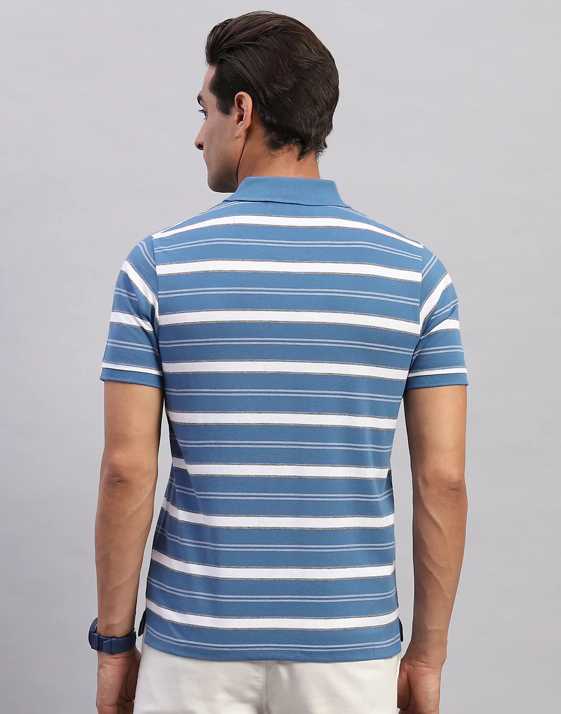 Men Blue Stripe Polo Collar Half Sleeve T-Shirt - Image 5