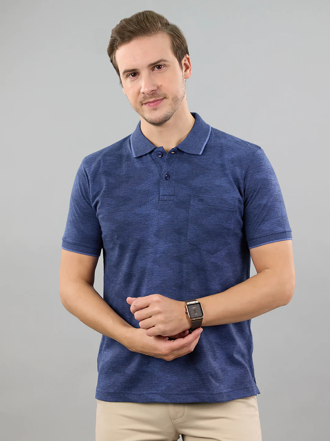 Men Blue Stripe Polo Collar Half Sleeve T-Shirt