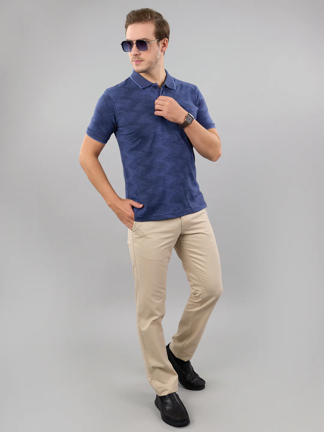 Men Blue Stripe Polo Collar Half Sleeve T-Shirt - Image 6