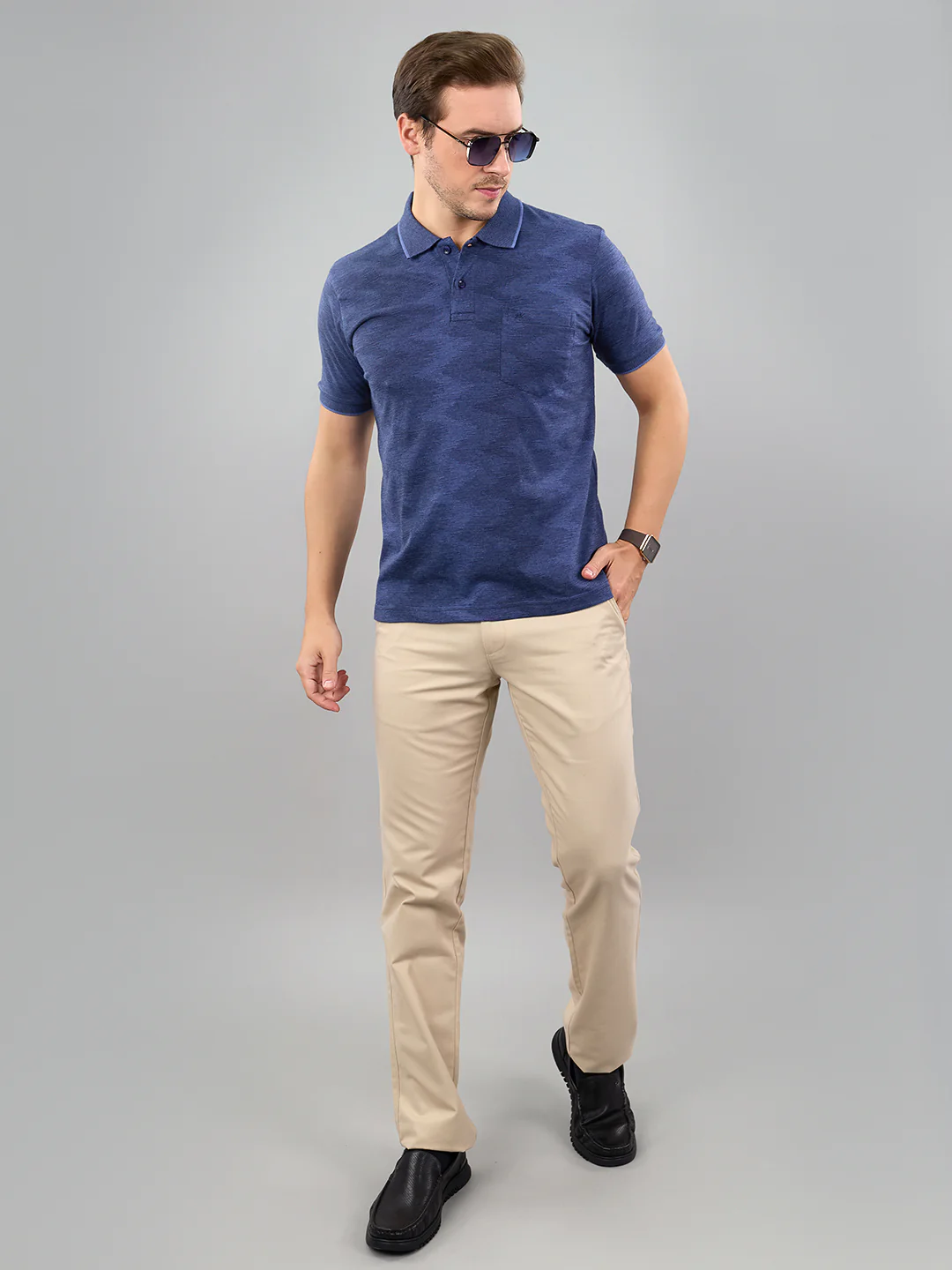 Men Blue Stripe Polo Collar Half Sleeve T-Shirt - Image 7