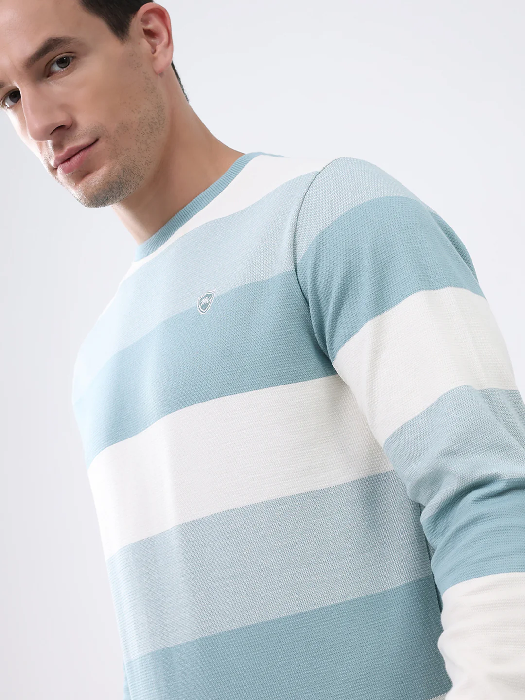Men Blue Stripe Round Neck Full Sleeve Winter T-Shirt - Image 6
