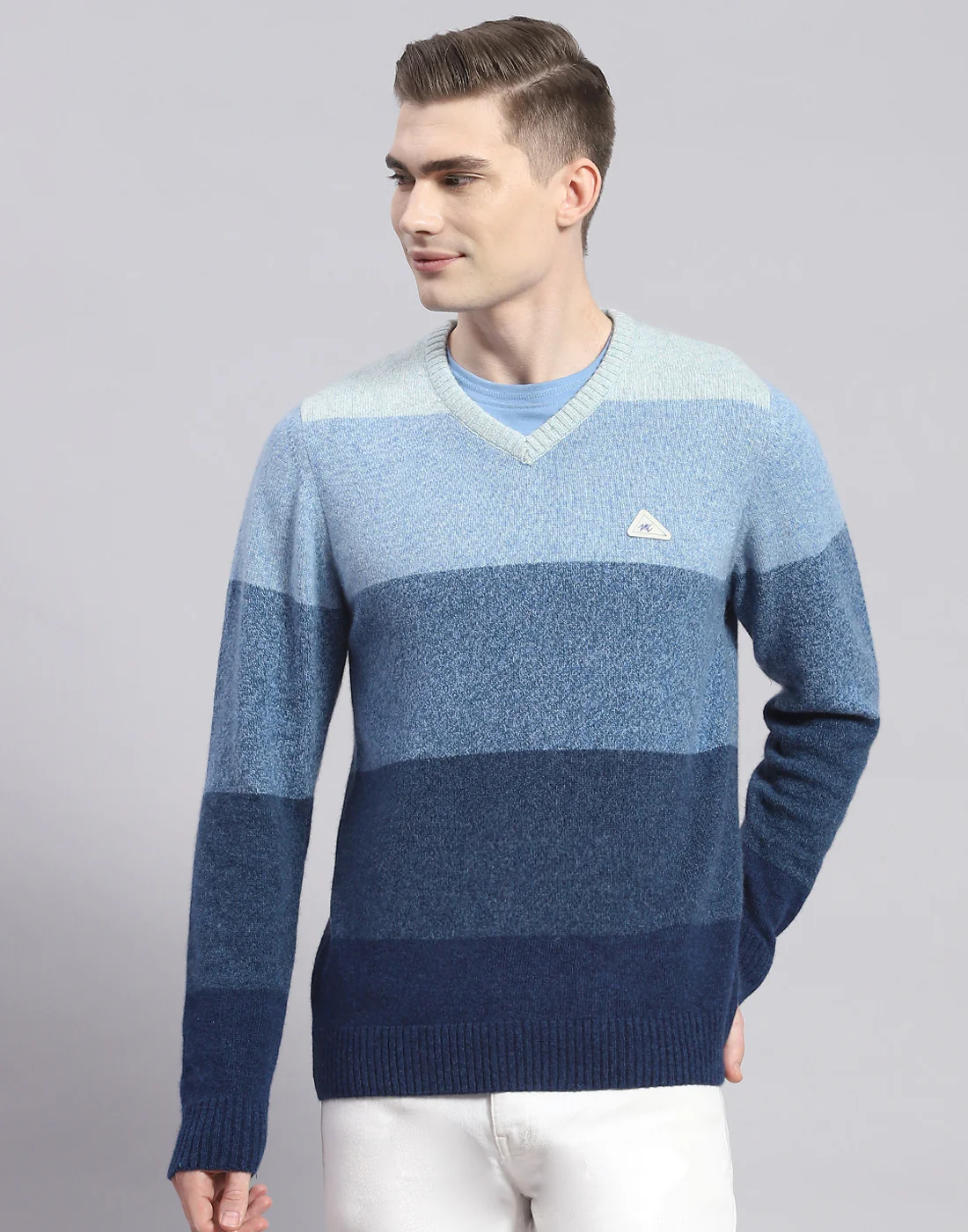 Men Blue Stripe V Neck Full Sleeve Pullover - Image 2
