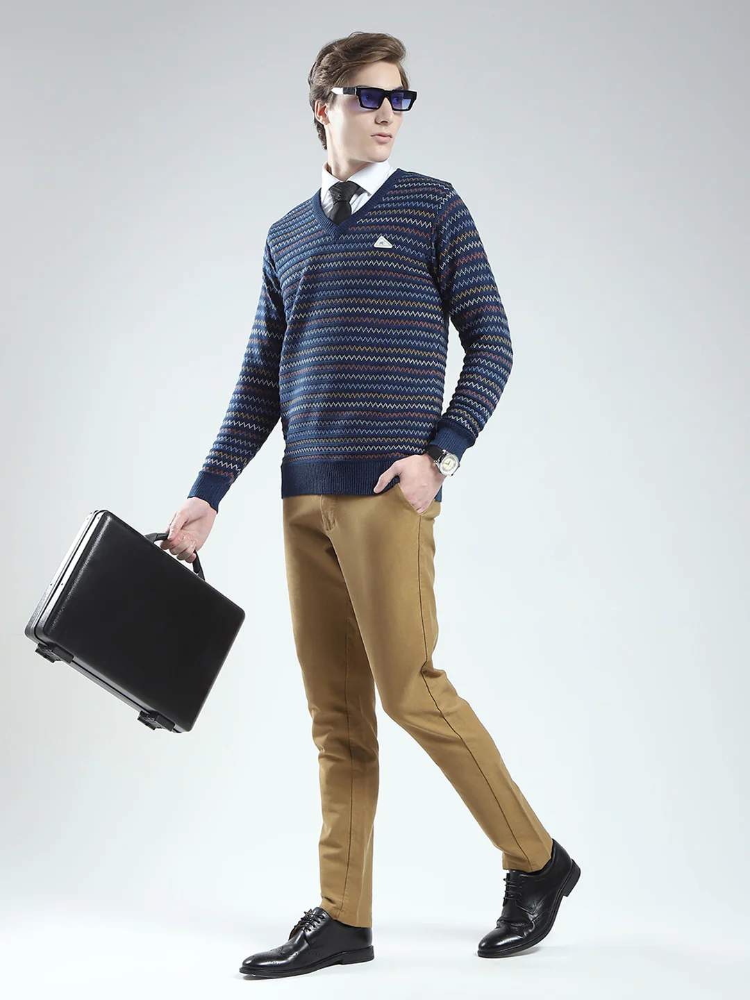 Men Blue Stripe V Neck Full Sleeve Pullover - Image 2