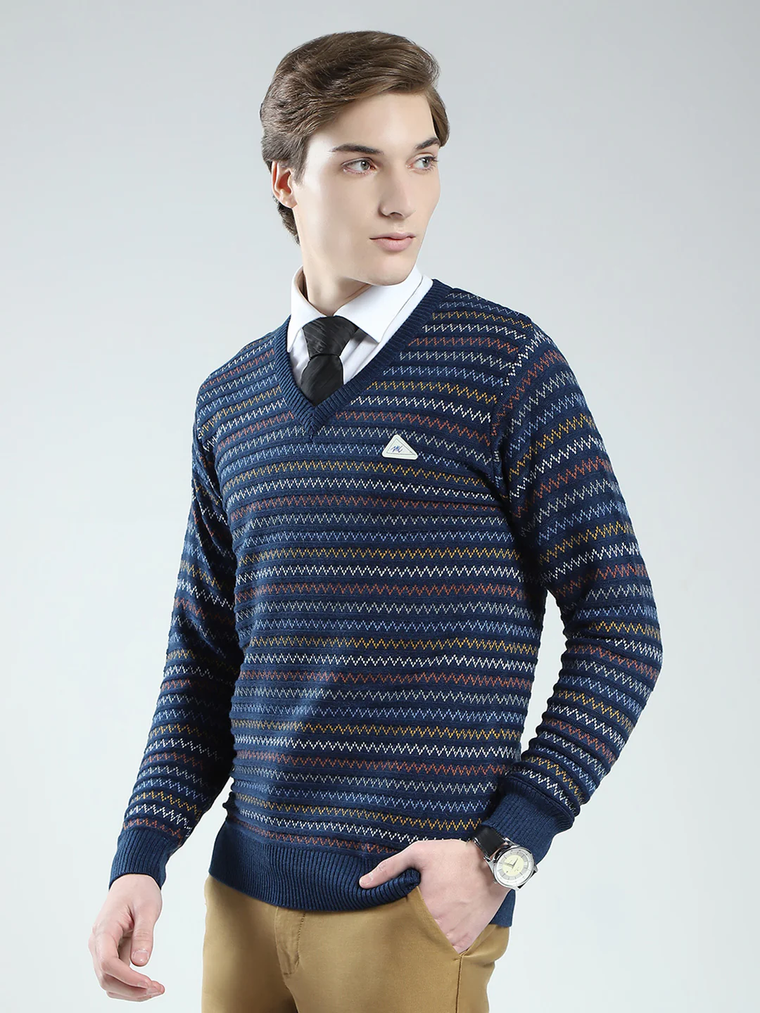 Men Blue Stripe V Neck Full Sleeve Pullover - Image 3