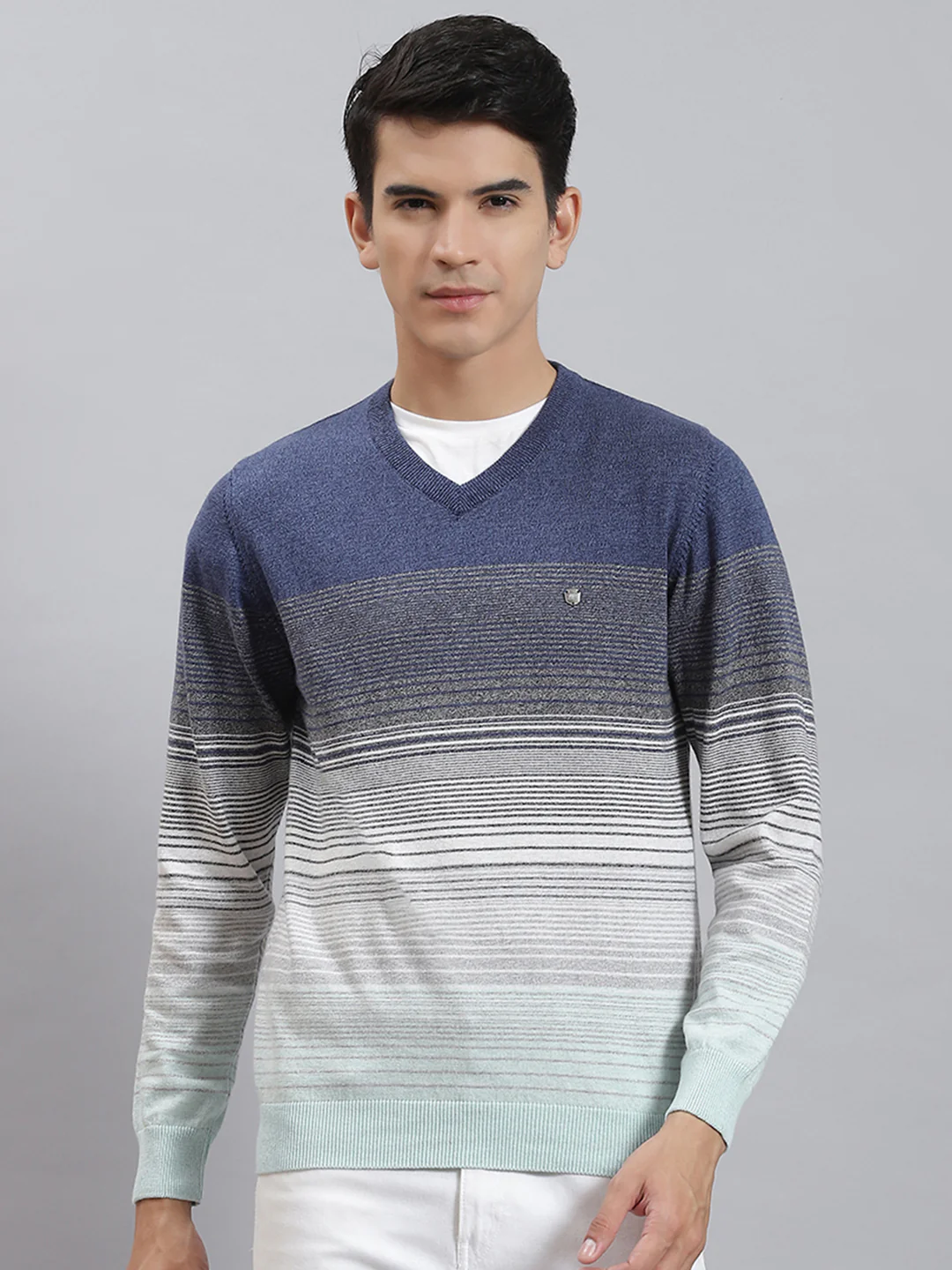 Men Blue Stripe V Neck Full Sleeve Sweaters/Pullovers - Image 2