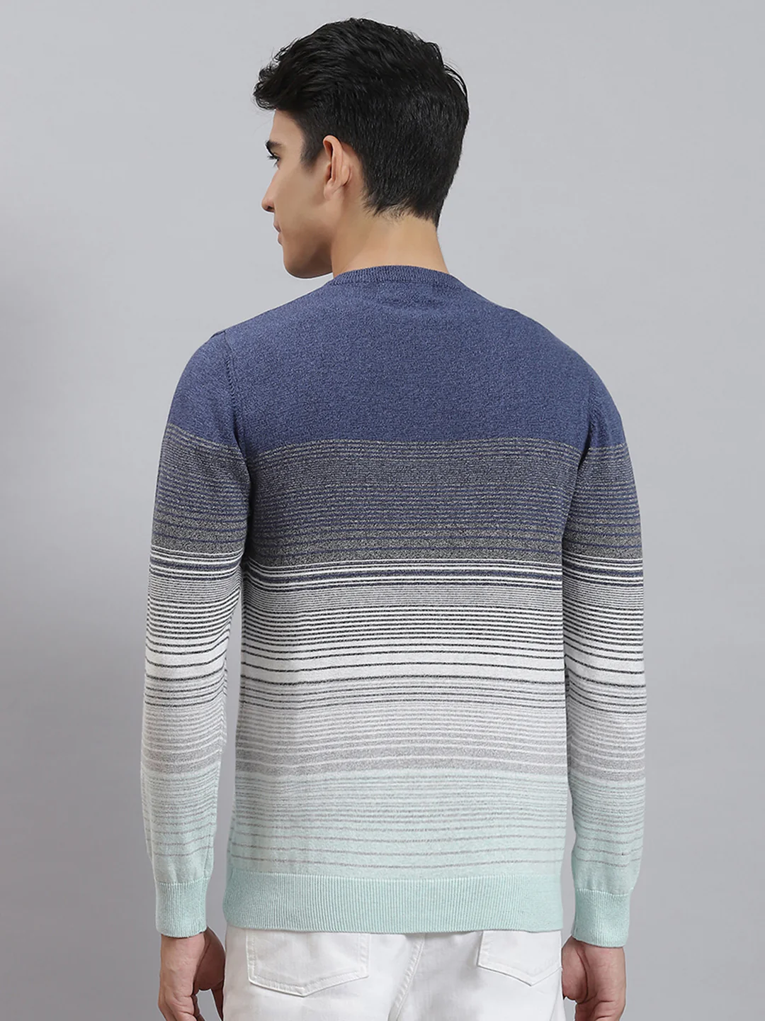 Men Blue Stripe V Neck Full Sleeve Sweaters/Pullovers - Image 5
