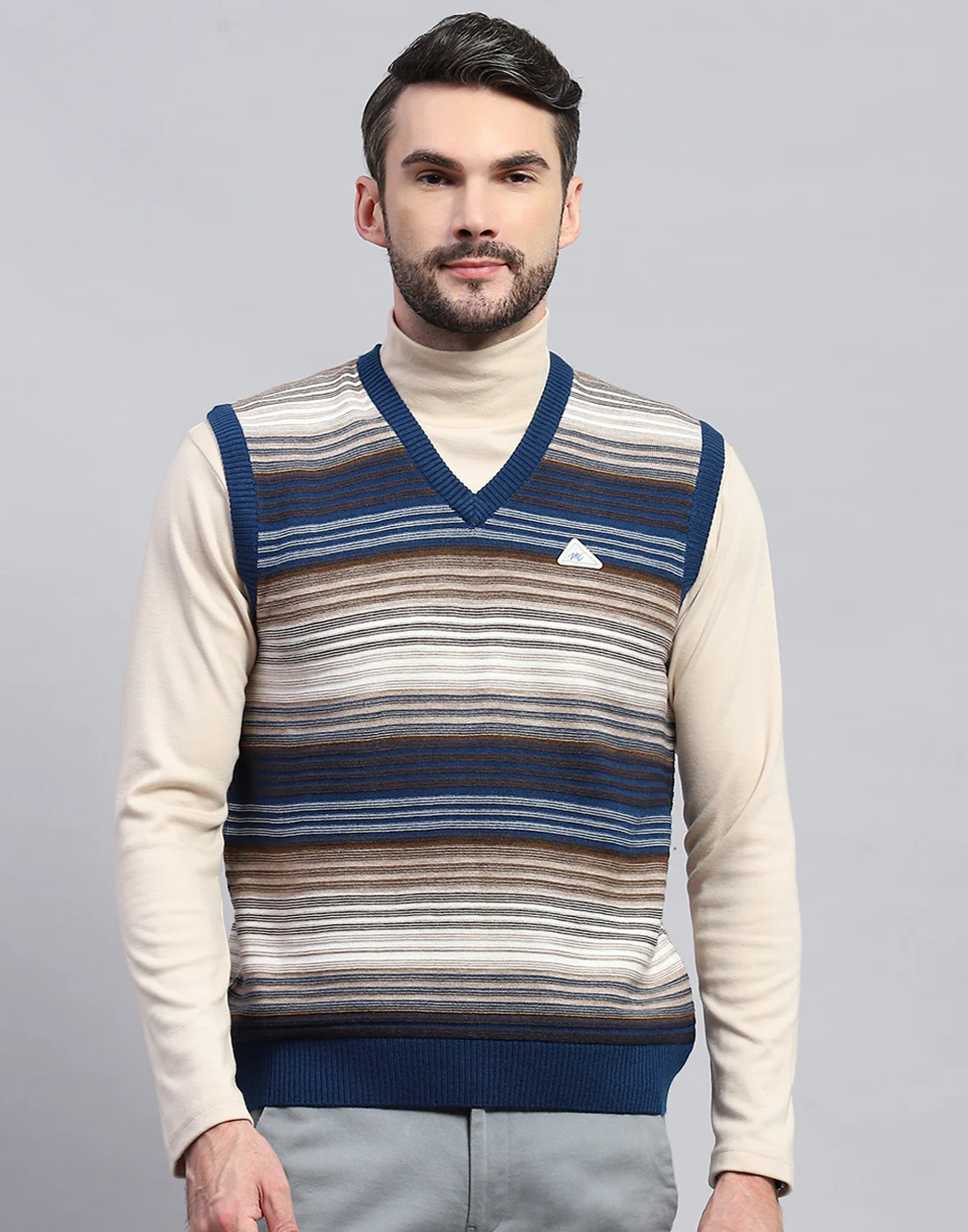 Men Blue Stripe V Neck Sleeveless Sweater - Image 3