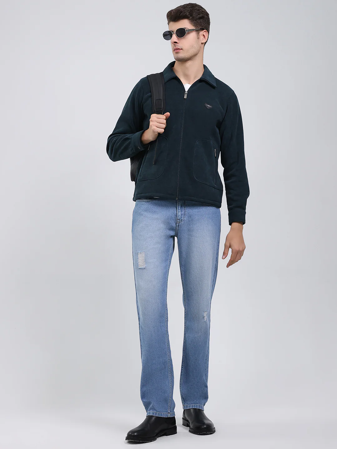 Men Bottle Green Self Design Collar Full Sleeve Sweatshirt - Image 2