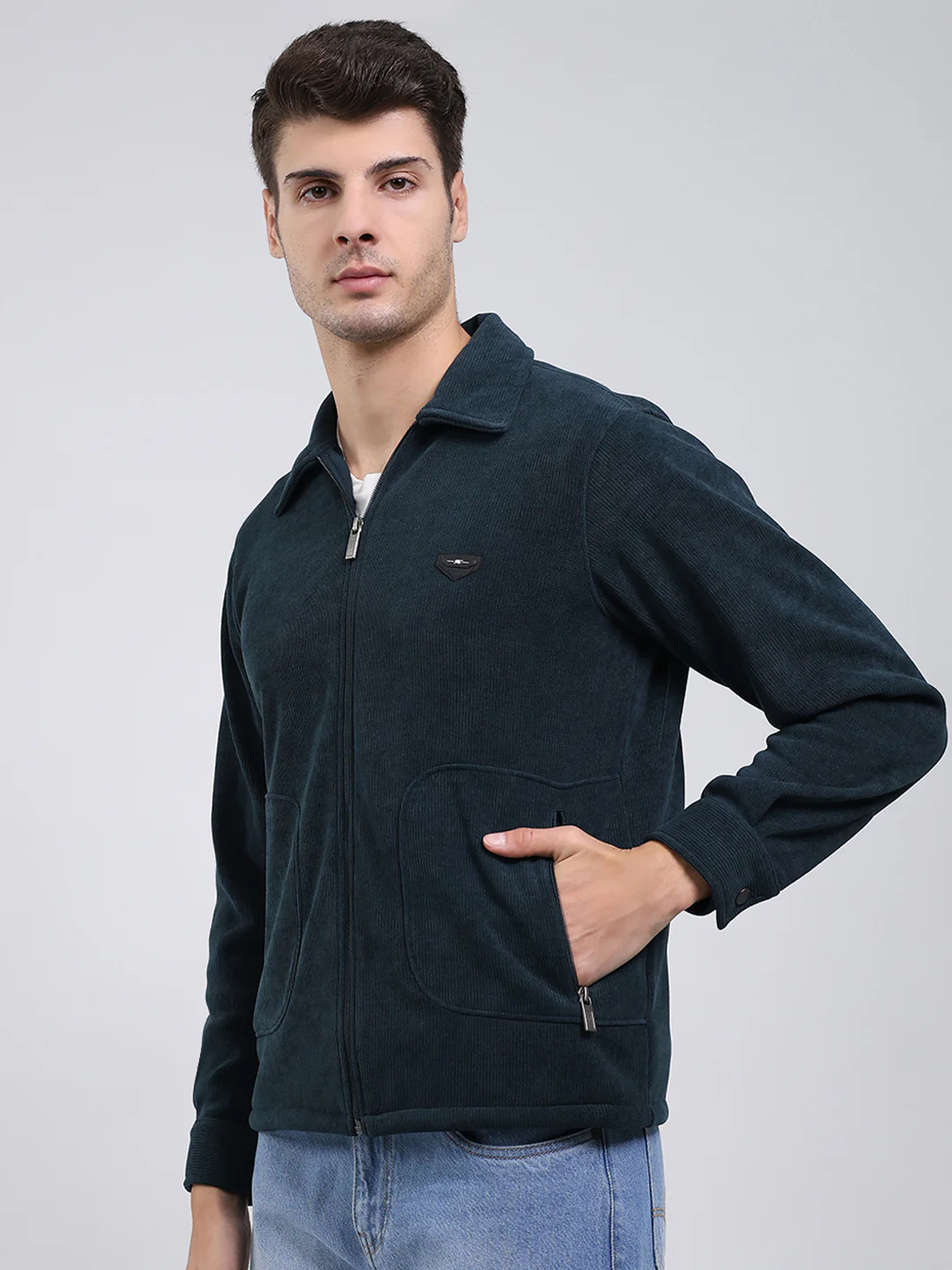 Men Bottle Green Self Design Collar Full Sleeve Sweatshirt - Image 3