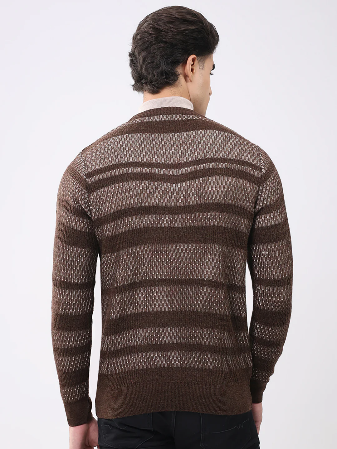 Men Brown Abstract V Neck Full Sleeve Pullover - Image 5