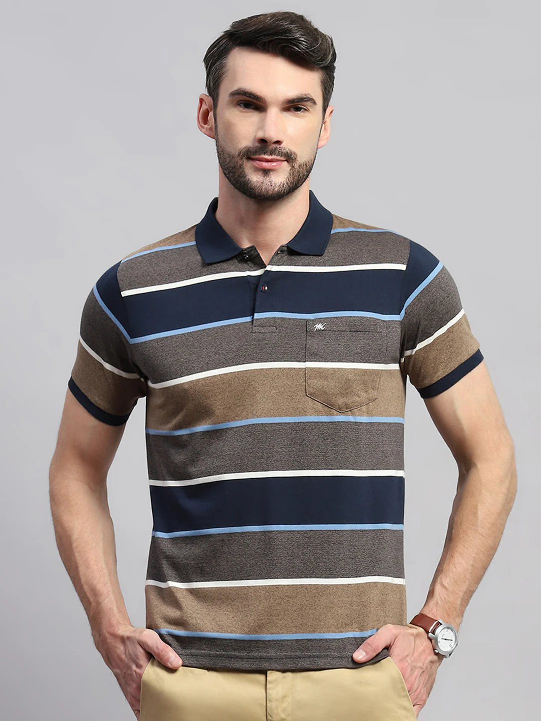 Men Brown & Blue Stripe Collar Half Sleeve T-Shirt - Image 2
