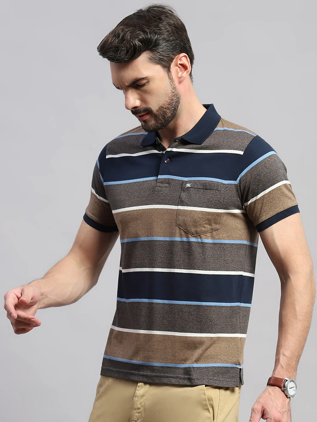 Men Brown & Blue Stripe Collar Half Sleeve T-Shirt - Image 3