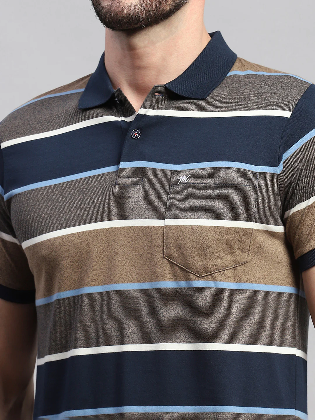 Men Brown & Blue Stripe Collar Half Sleeve T-Shirt - Image 6