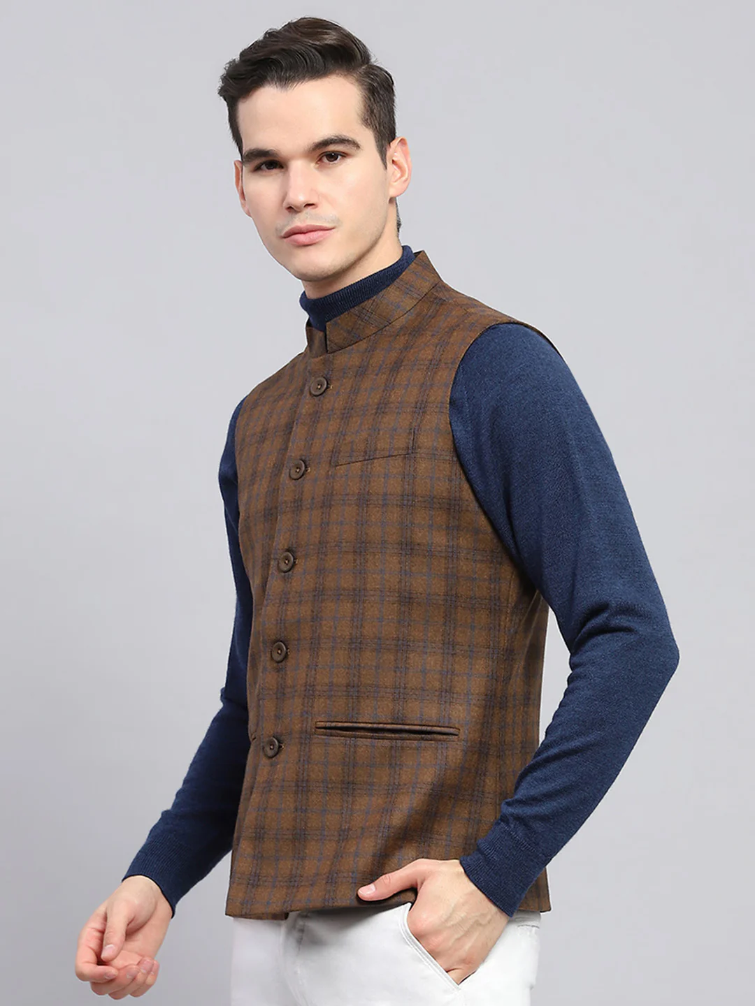 Men Brown Check Band Collar Sleeveless Jacket - Image 3