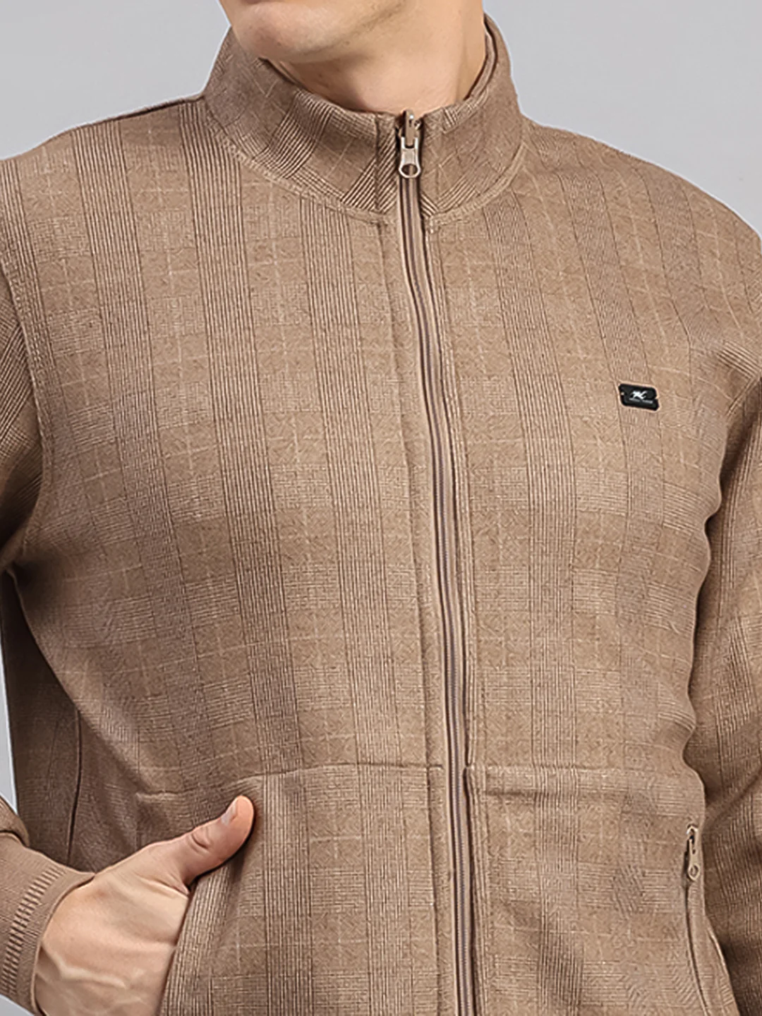 Men Brown Check Collar Full Sleeve Reversible Sweatshirt - Image 10