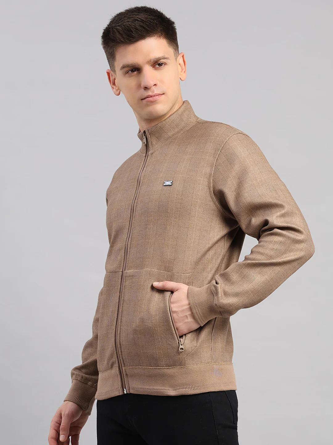Men Brown Check Collar Full Sleeve Reversible Sweatshirt - Image 3