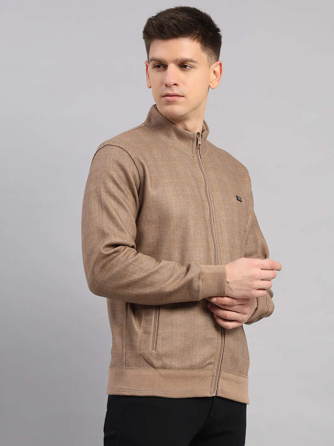 Men Brown Check Collar Full Sleeve Reversible Sweatshirt - Image 4