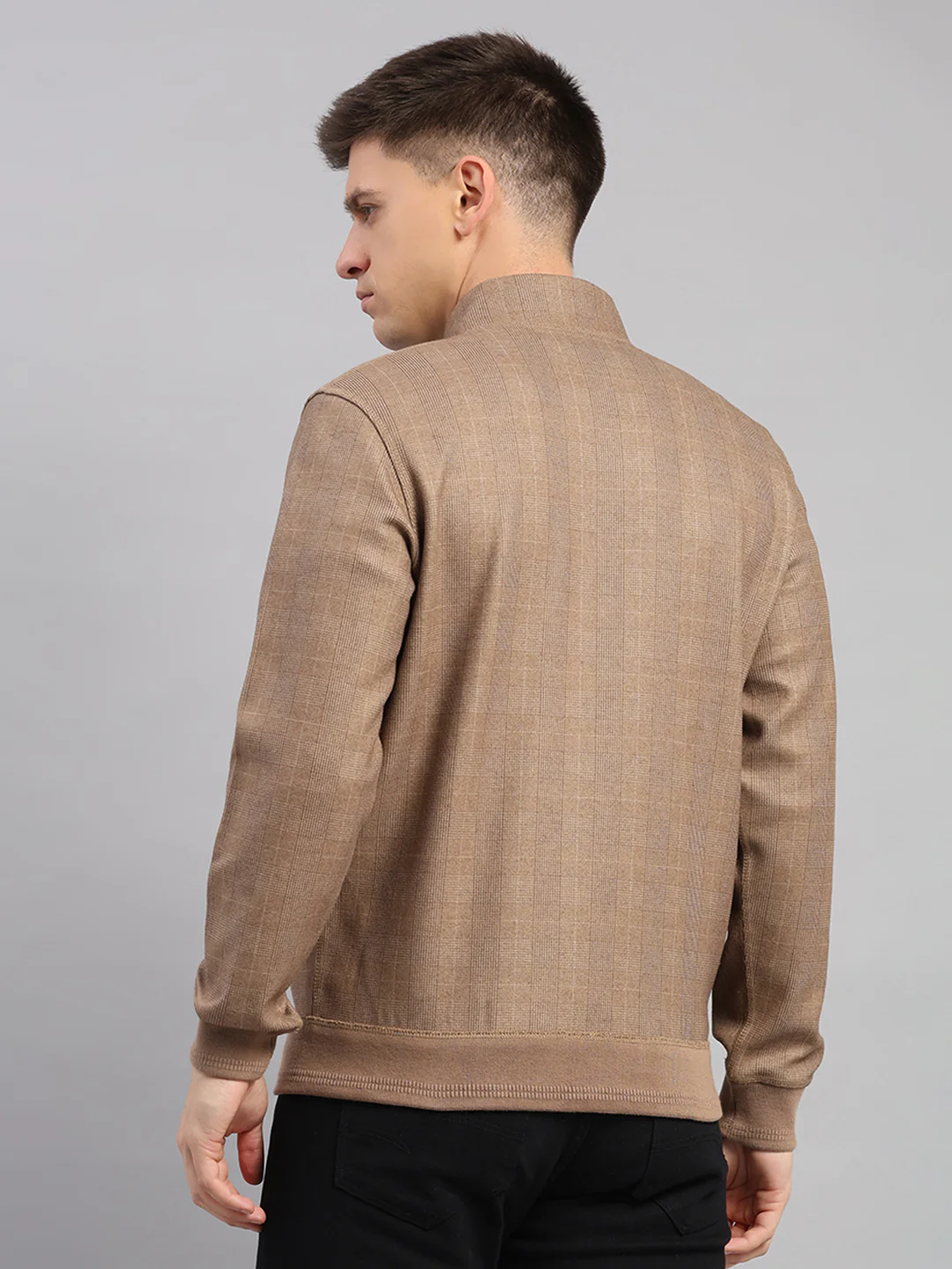 Men Brown Check Collar Full Sleeve Reversible Sweatshirt - Image 5