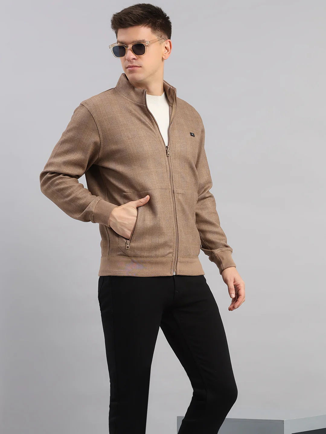 Men Brown Check Collar Full Sleeve Reversible Sweatshirt - Image 6