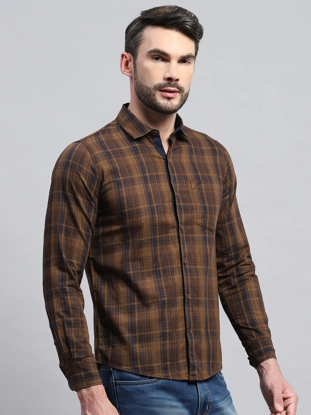 Men Brown Check Collar Full Sleeve Shirt - Image 4