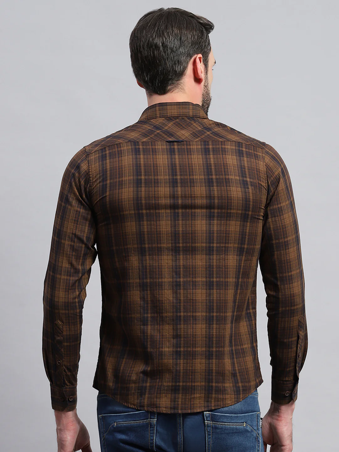 Men Brown Check Collar Full Sleeve Shirt - Image 5