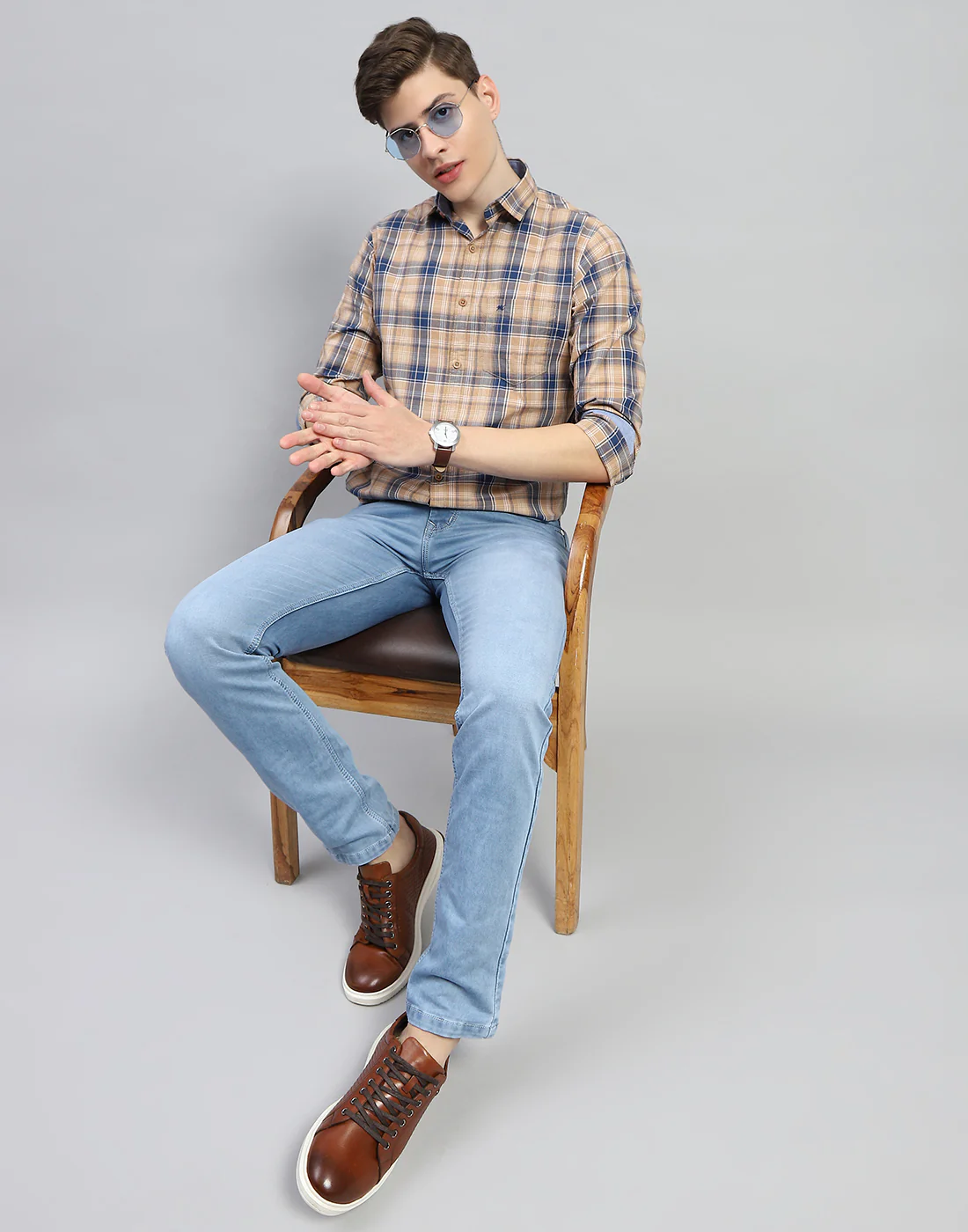 Men Brown Check Collar Full Sleeve Shirt - Image 2