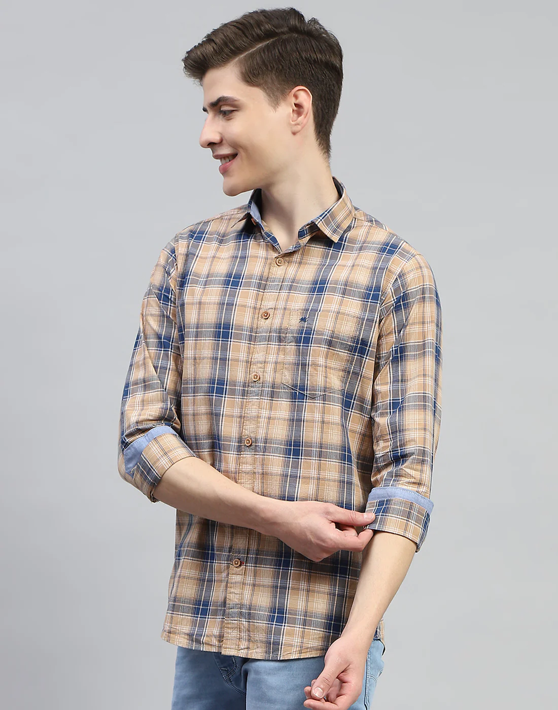 Men Brown Check Collar Full Sleeve Shirt - Image 4