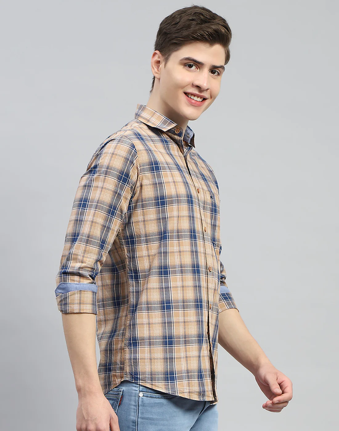 Men Brown Check Collar Full Sleeve Shirt - Image 5