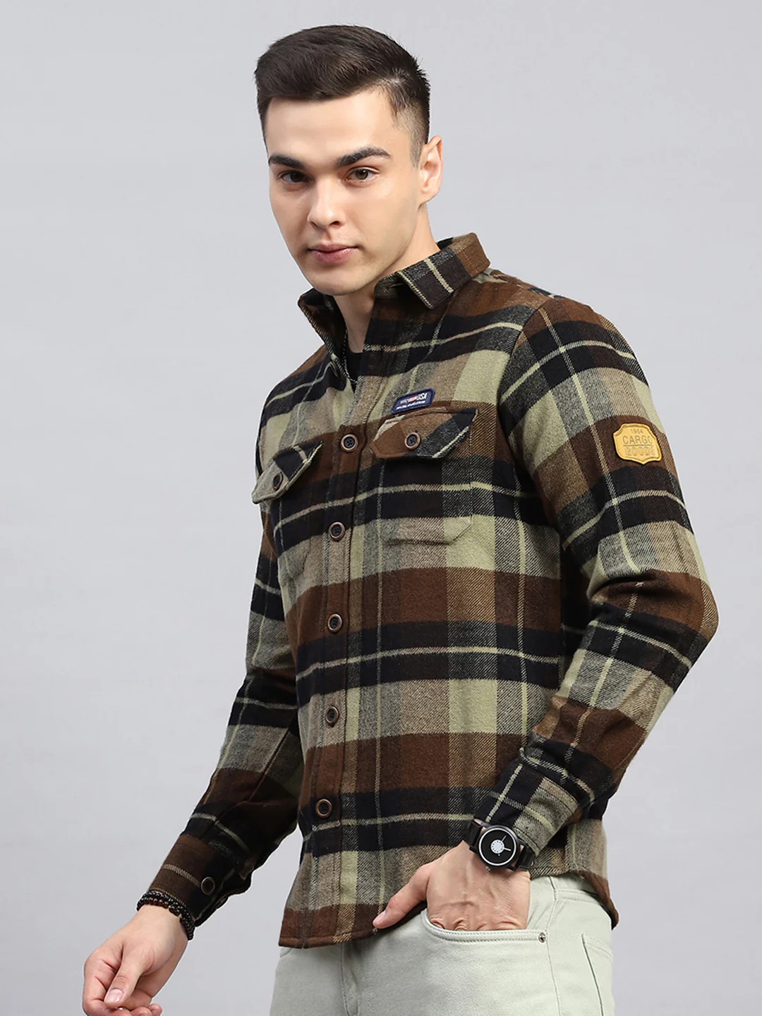 Men Brown Check Collar Full Sleeve Shirt - Image 3