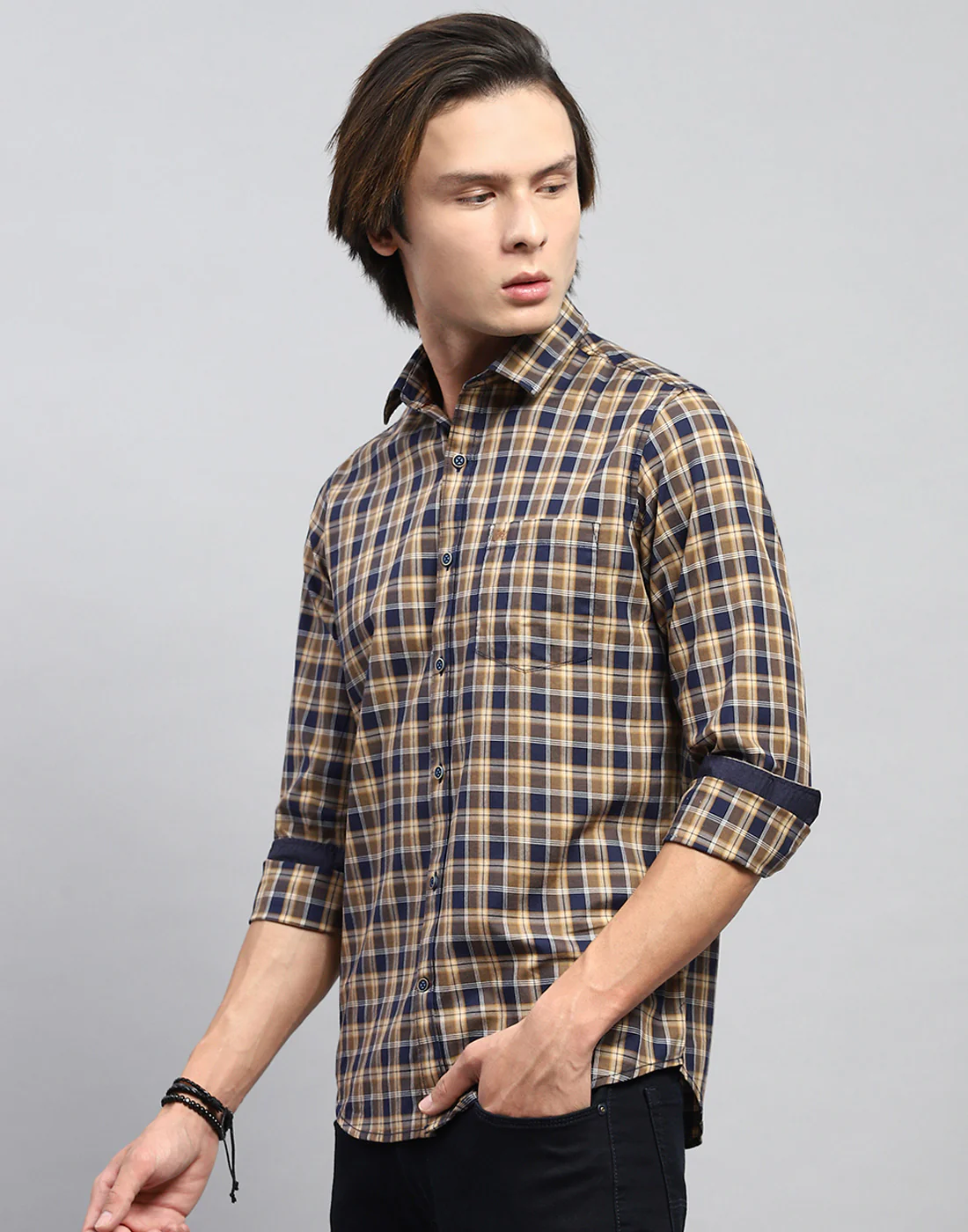 Men Brown Check Collar Full Sleeve Shirt - Image 3
