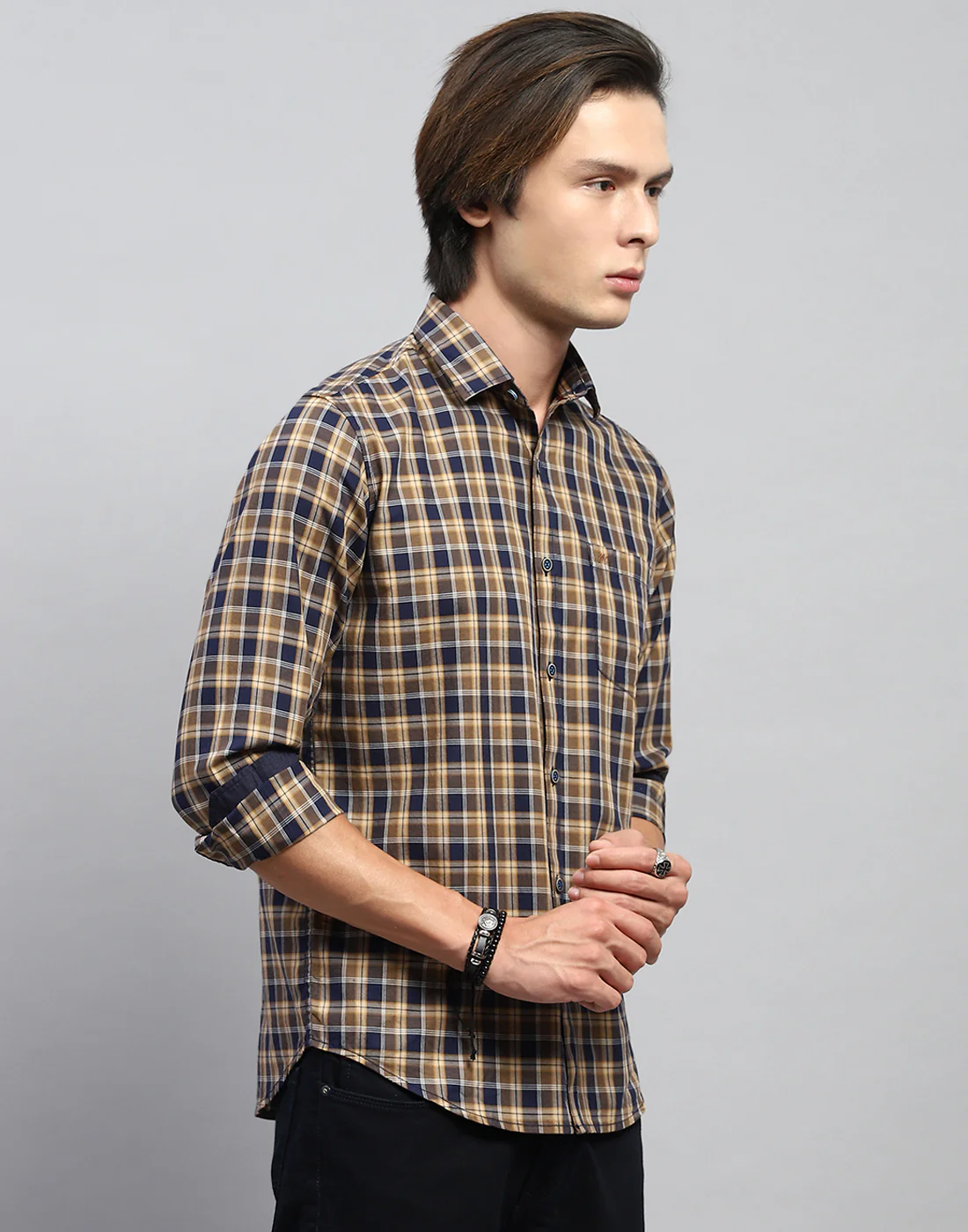 Men Brown Check Collar Full Sleeve Shirt - Image 4